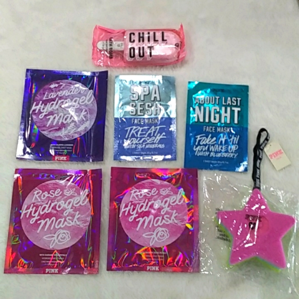 PINK Victoria's Secret Lot 5 Face Masks 1 Bath Bomb 1 Bath Sponge Lot B